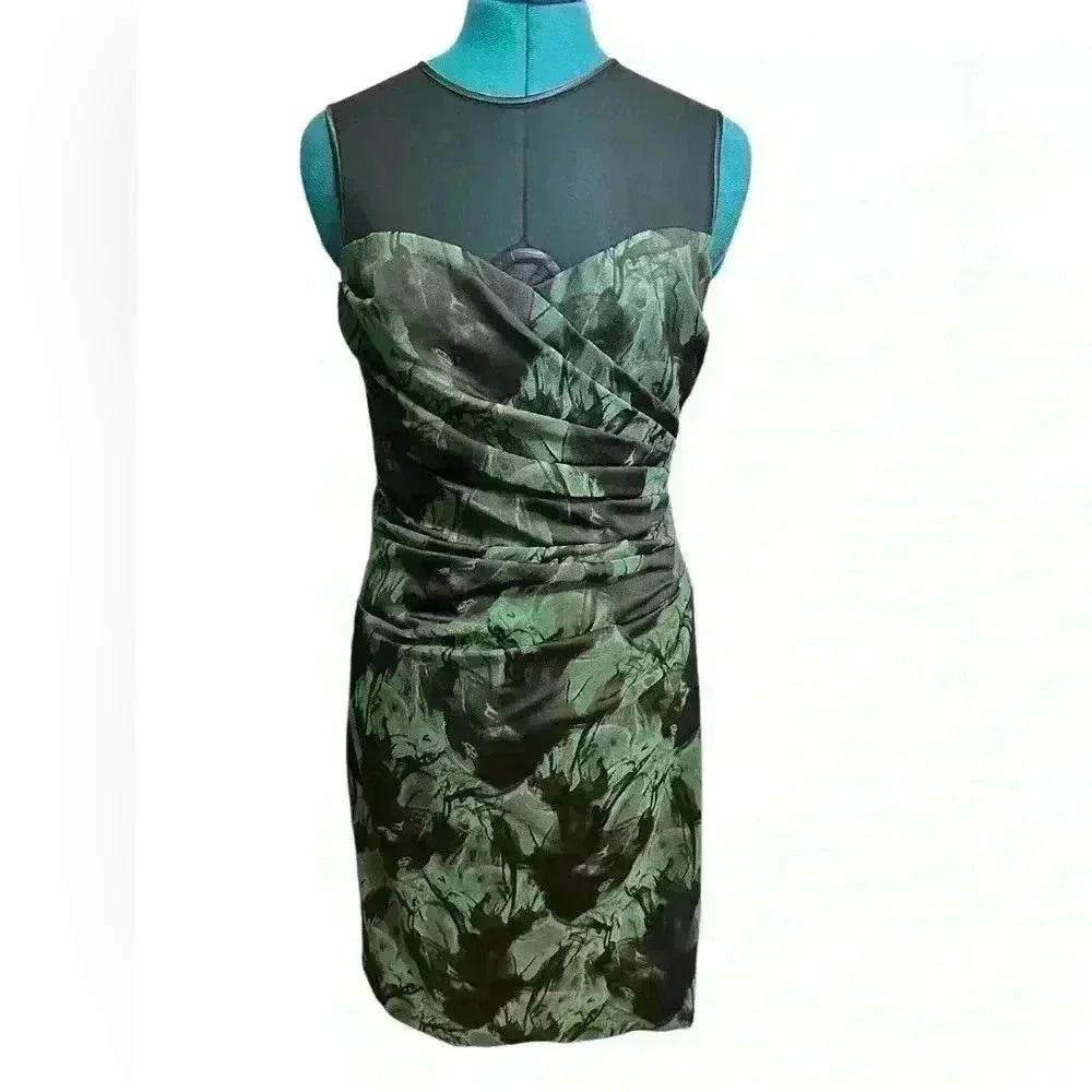 Teri Jon Rickie Freeman Green & Black Stretch Ruched Cocktail Dress NWT 6 - Picture 2 of 12